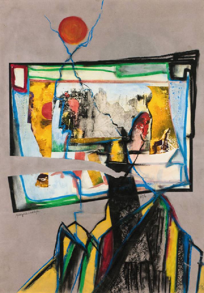 Detlef Ditz-Burk, Apokalyptische Landschaft,Mischtechnik/Acryl/Kreide/Papier, sign., dat. 2001, 70x50 cm, unter Glas gerahmt