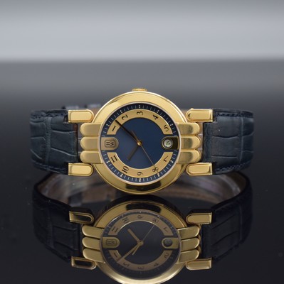 Image HARRY WINSTON Premier unusual 18k yellow gold wristwatch, quartz, reference MQ34GL, pressed down case, 2-coloured dial with Arabic numerals, gilded hands, date, neutral leather strap, diameter approx. 34 mm, condition 2