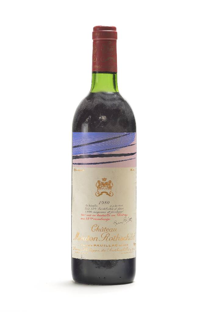 1 Flasche 1980 Chateau Mouton Rothschild, Pauillac, Premier Cru Classe, Künstleretikett:Hans Hartung, ca. 75 cl, Füllstand: ca. top shoulder, ...