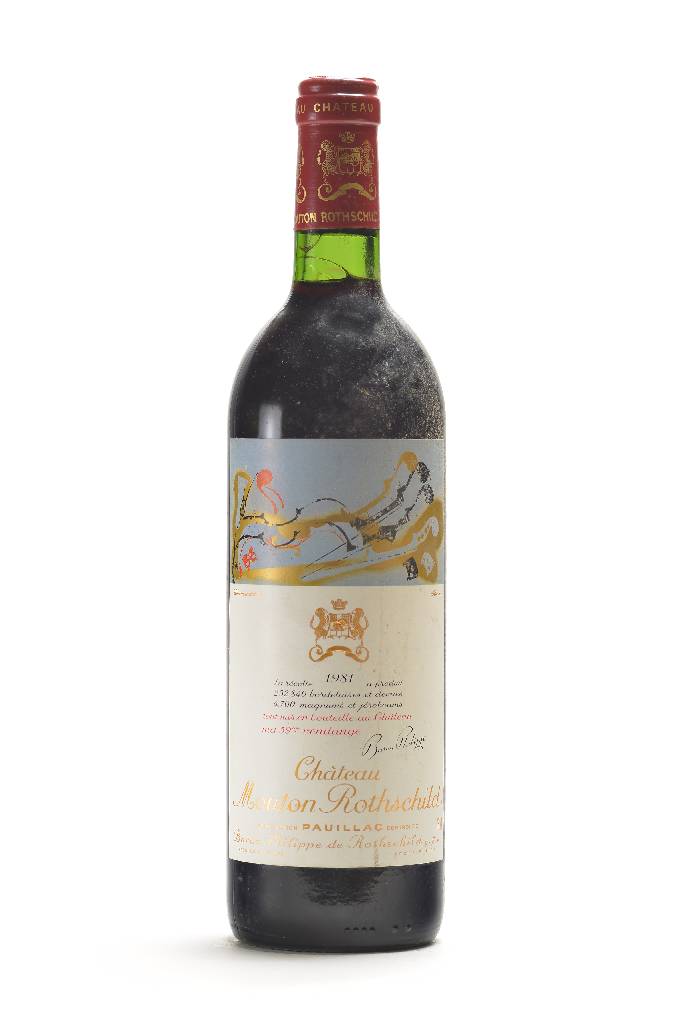 1 Flasche 1981 Chateau Mouton Rothschild, Pauillac, Premier Cru Classe, Künstleretikett:Arman, ca. 75 cl, Füllstand: ca. top shoulder,unverkostet, ...