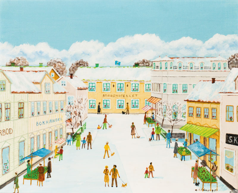 Naive Malerei aus Dänemark, Stadtansicht mit Personenstaffage, Öl/Lwd, rechts unten unleserlich signiert, datiert 1987, ca. 50x61 cm, Rahmen