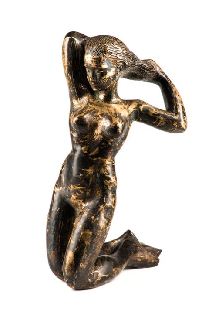 Unbekannter zeitgenössischer Künstler, knieender weiblicher Akt, Bronzeskulptur, partiell patiniert, H. ca. 35cm