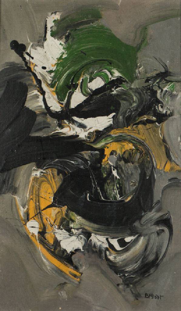 Bernard Bygodt, 1939-2004, Abstrakte Komposition in Schwarz, Gelb, Grün, Öl/Lwd, sign., verso sign., dat. 1968, Lwd 35x22 cm, von einem ...