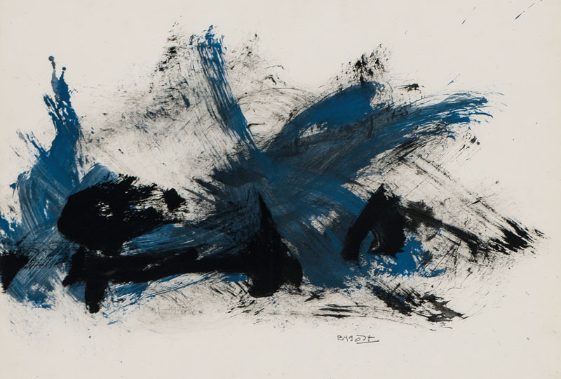 Bernard Bygodt, 1939-2004, Abstrakte Komposition in Schwarz und Blau, Gouache auf Malkarton, um 1968, sign., PP ca. 36x52 cm, unter Glas gerahmt, ...
