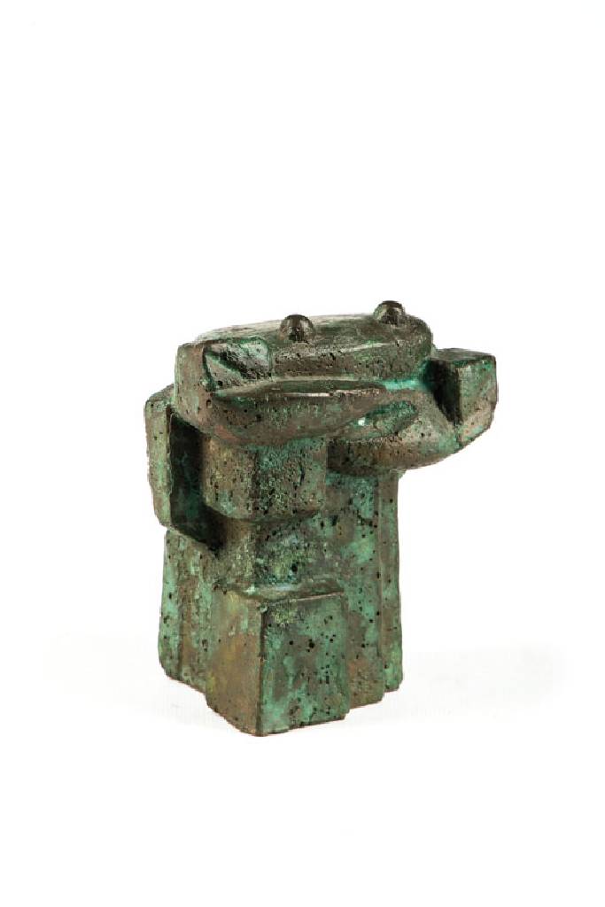 Walter Kromp, 1923 Karwin/Schlesien- 2007, Bronzeskulptur, Frosch auf abstrakten Felsen, Tier und Kristall in gestaltete Säule als Einheit gesehen, ...