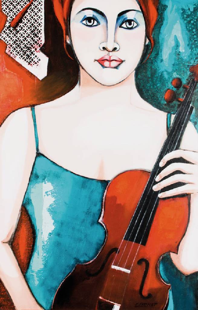 Silvia Sartelet, geb. 1947 Berlin, Frauendarstellung mit Violine, Acryl/Lwd, sign., 117x75 cm