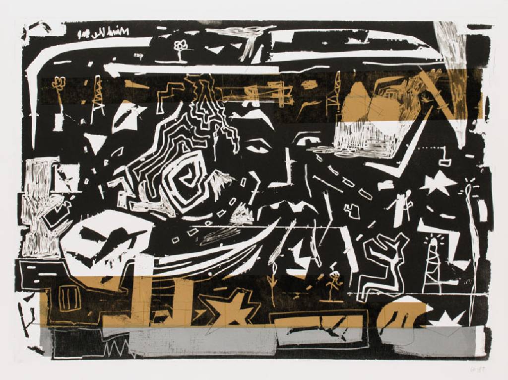 Tjorg Douglas Beer, geb. 1973, Manjana, 2006, Farbradierung auf Zerkall-Bütten, mit Applikationen von Gaffa- und Packband, handsign., Blattgr. 57x76 ...