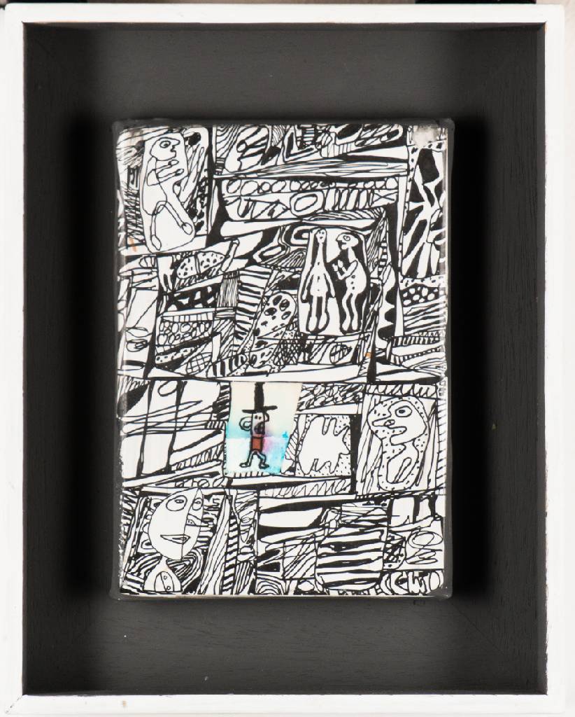 Gerlach Bommersheim, 1934-2006 Darmstadt, Jazzmusiker und Künstler, hier: Ohne Titel, Mischtechnik/Platte, verso sign., Motiv 14x20 cm, in ...