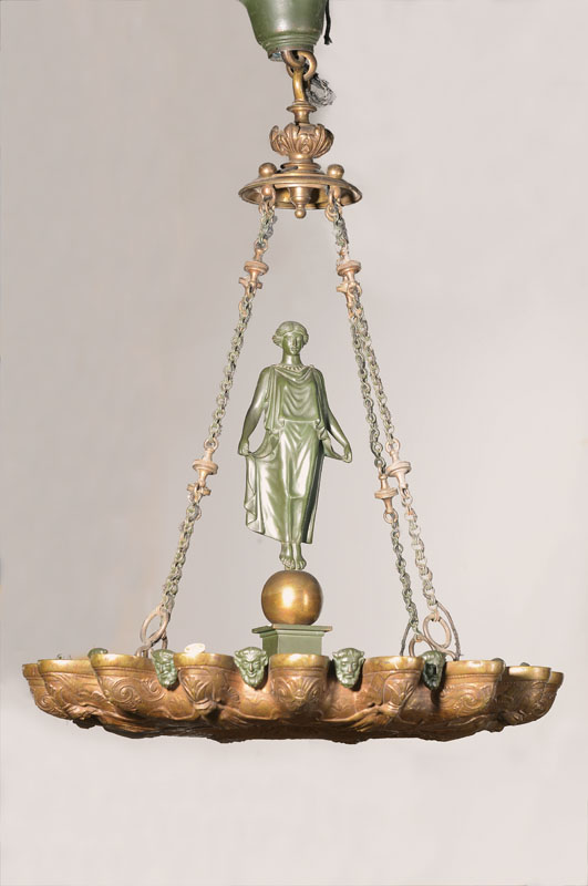 Schwere Bronzeleuchter, deutsch, um 1880/90, Bronze, nach Vorbild der alten Ölleuchten, schweren Schale in Renaissance-Manier an 4 Ketten ...
