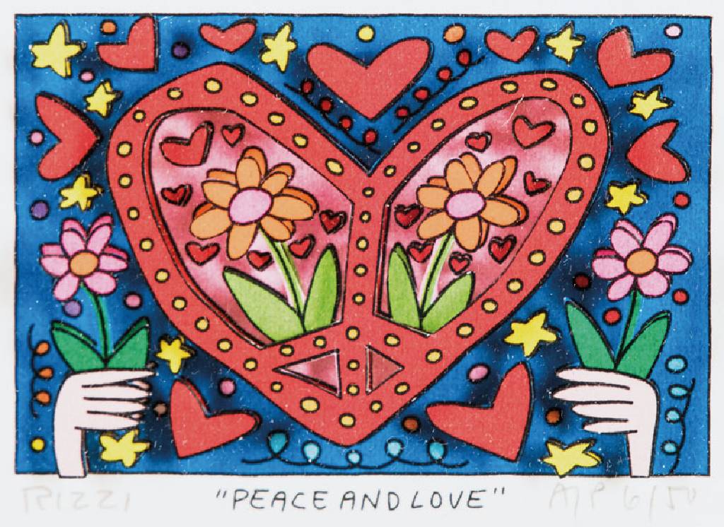 James Rizzi, 1950-2011, Peace and Love, 3D- Lithografie, sign., num. AP 6/50, betitelt, Motiv ca. 5x8 cm, unter Glas gerahmt