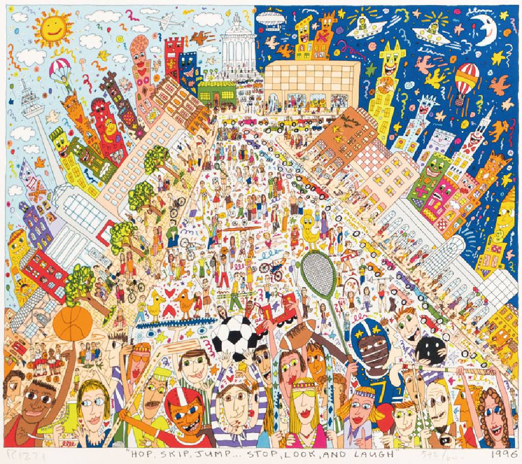 James Rizzi, 1950-2011, Hop, Skip, Jump... Stop, Look, and Laugh, Farblithografie, handsign., num. 592/600, dat. 1996, Blattgr. 43x47 cm