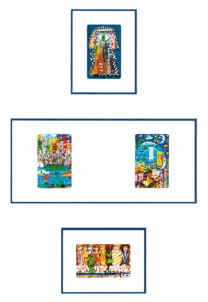 James Rizzi, 1950-2011, 4 Telefonkarten, BigBrother, Living near the water, We who love the Big Apple, The Girls, je sign., je 8,5x5 cm, gesamt 55x65 ...