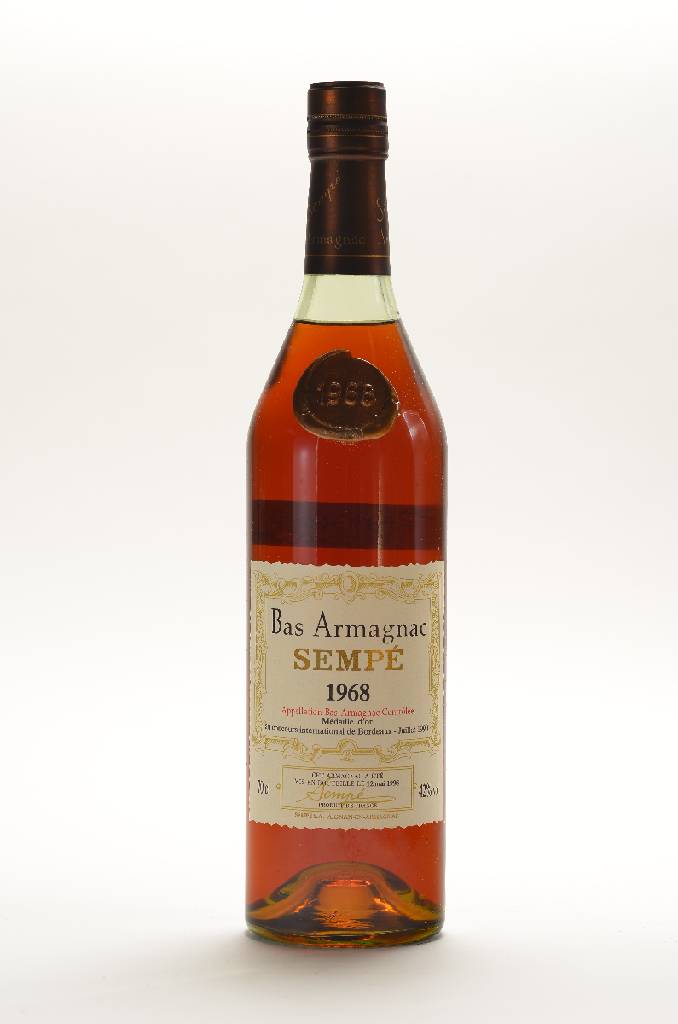 1 Flasche 1968 Sempe Bas Armagnac, ca. 70 cl, 42 % Vol., Abstand zwischen Kapsel und Armagnac: ca. 1,6 cm, unverkostet, sehr guter Erhaltungszustand, ...
