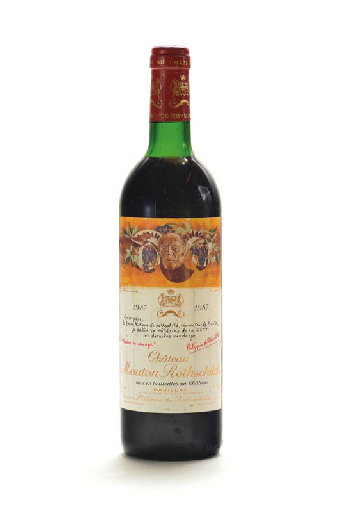1 Flasche 1987 Chateau Mouton Rothschild, Premier Cru Classe, Pauillac, Künstleretikett:Hans Erni (1909-2015), ca. 75 cl, 12% Vol., Füllstand: ca. ...
