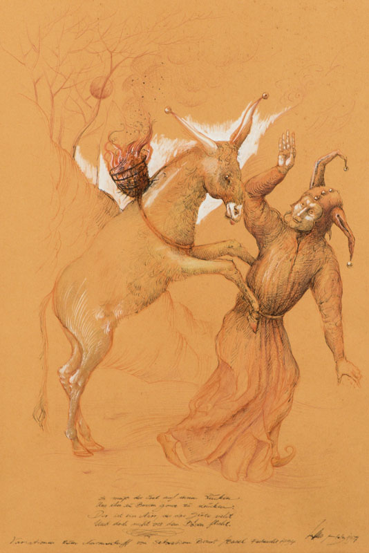 Detail b: Werner Holz, 1948-1991, Serie aus vier Pastell/Rötel-Zeichnungen aus dem Zyklus "Narrentreiben", je handsign., dat. (19)72, je unter Glas ...