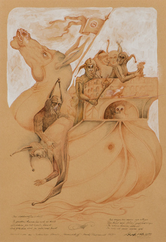 Detail c: Werner Holz, 1948-1991, Serie aus vier Pastell/Rötel-Zeichnungen aus dem Zyklus "Narrentreiben", je handsign., dat. (19)72, je unter Glas ...