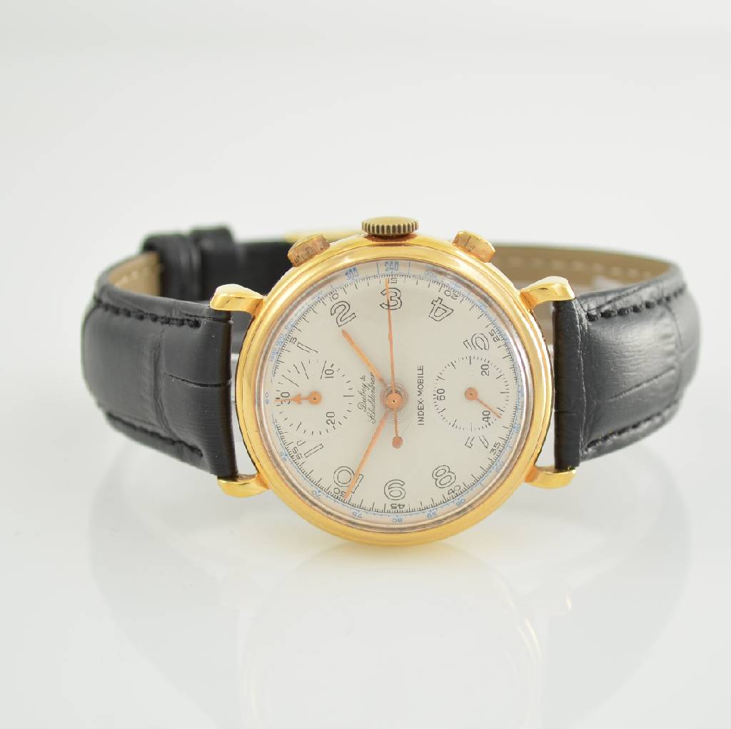 DUBEY & SCHALDENBRAND Index-Mobile Armbandchronograph mit Semi-Rattrapante, Schweiz um 1990, Handaufzug, verg. Gehäuse, vers. Zifferbl. m. arab. ...