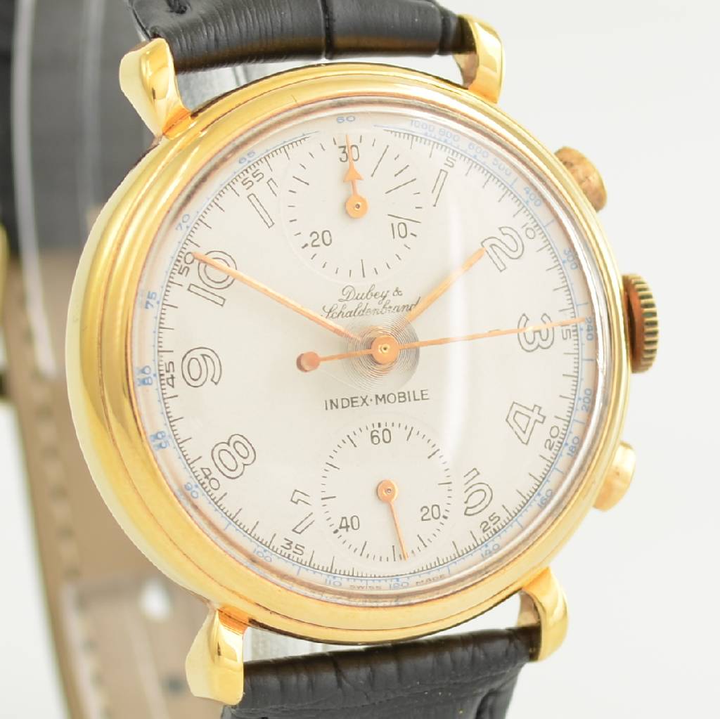 Detail e: DUBEY & SCHALDENBRAND Index-Mobile Armbandchronograph mit Semi-Rattrapante, Schweiz um 1990, Handaufzug, verg. Gehäuse, vers. Zifferbl. m. arab. ...