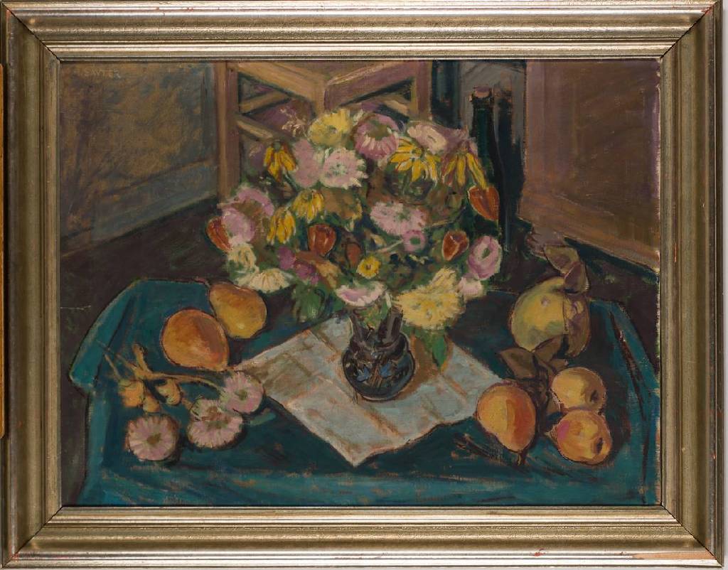Hermann Sauter, 1891 Germersheim-1981 Landau, Stillleben, gedeckter Tisch mit Blumen, ca. 1938-40, Öl/Lwd, links oben sign.,61x80 cm, Rahmen