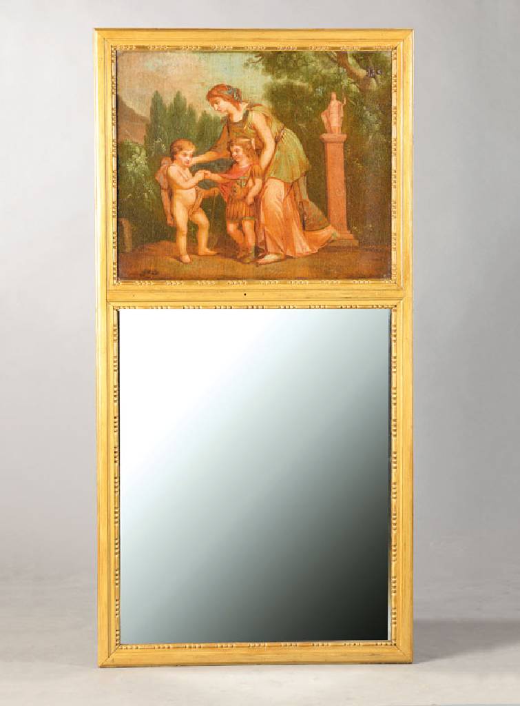 Trumeau, wohl Frankreich, um 1770/80, mit Ölgemälde, Goldfassung lt. aufgefrischt, ca. 137x68 cm