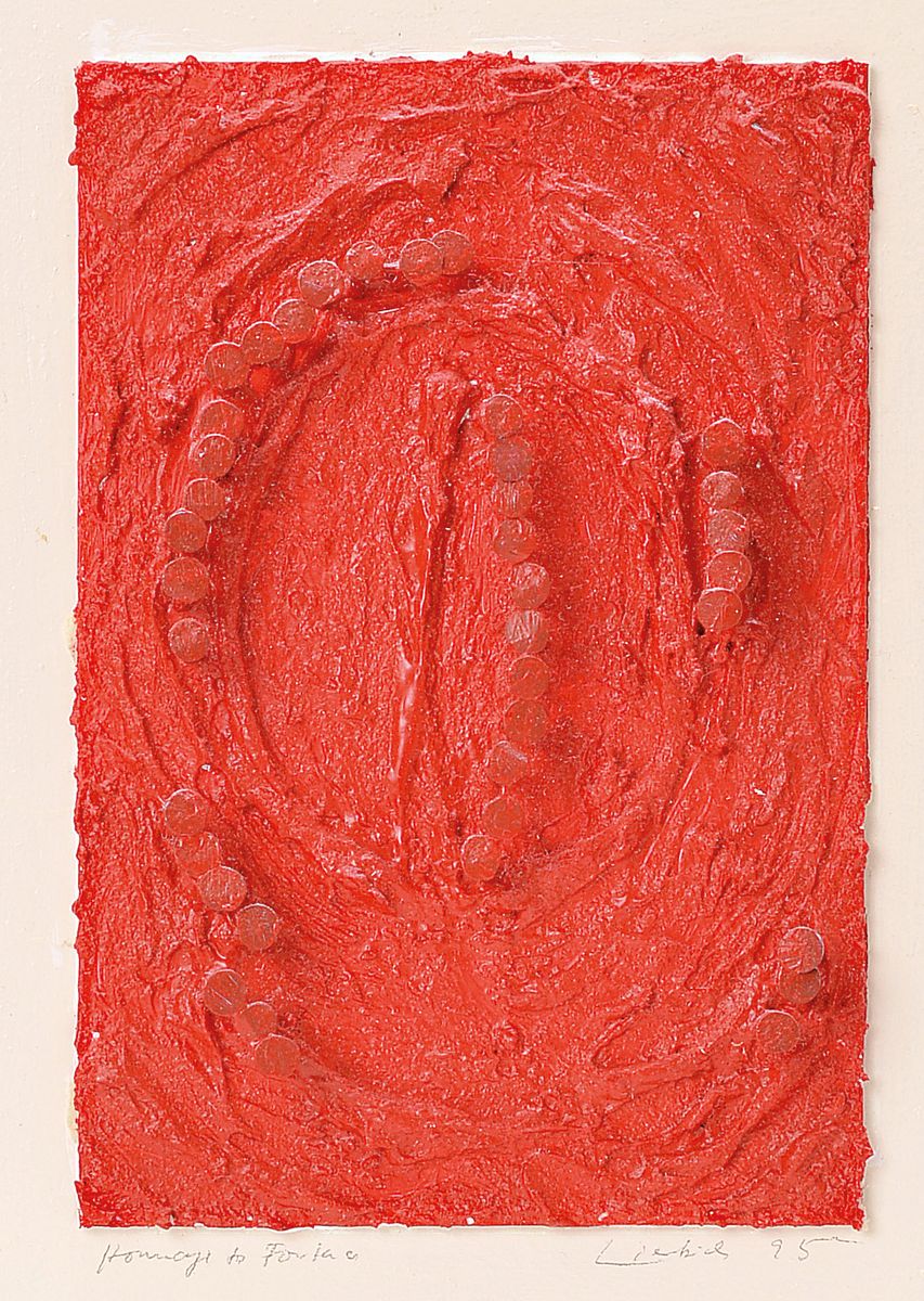 unbekannter Künstler, Hommage a Fontana (aus der Fontana Serie) Nägel, Zement, Acryl auf Holz, in Plexiglasbox, 1995, unleserlich sign., verso ...
