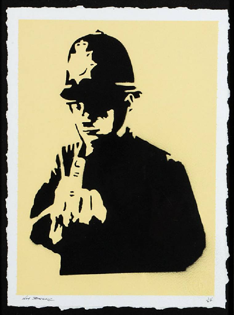 Banksy by NOT BANKSY,(Stot21STCplanB aka Harry Adams, Rude Copper yellow, 2016, Schablone/Sprühfarbe auf Büttenpapier, sign., num. 1/20, ...