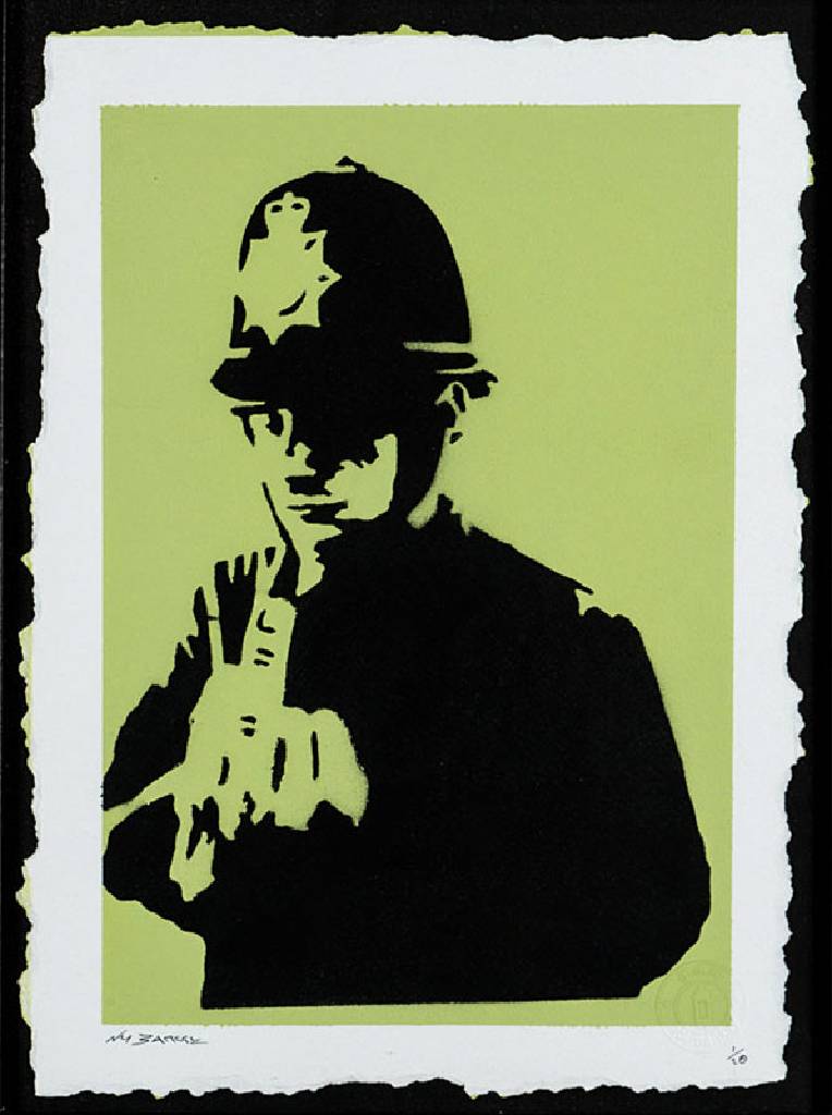 Banksy by NOT BANKSY, (Stot21STCplanB aka Harry Adams), Rude Copper green, 2016, Schablone/Sprühfarbe auf Büttenpapier, sign., num. 1/20, ...