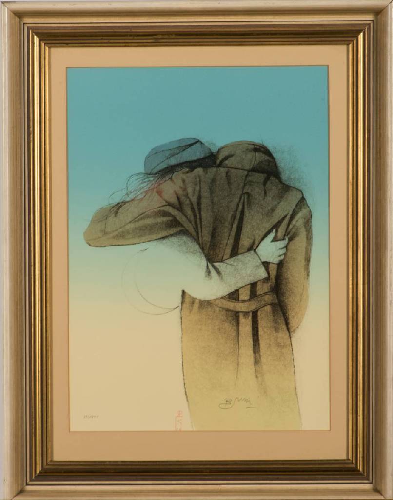 Bruno Bruni, geb. 1935 Gradara, Umarmung, 1986, Farblithografie auf Rives Bütten, sign.,num. 79/1000, Blattgr. ca. 46x34 cm, unter Glas gerahmt