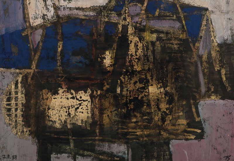 Werner Bürger, 1908-2005 Mannheim, informelle Komposition, Mischtechnik auf Karton, monogram., dat. 7.11.58, ca. 62x43 cm, unter Glas gerahmt