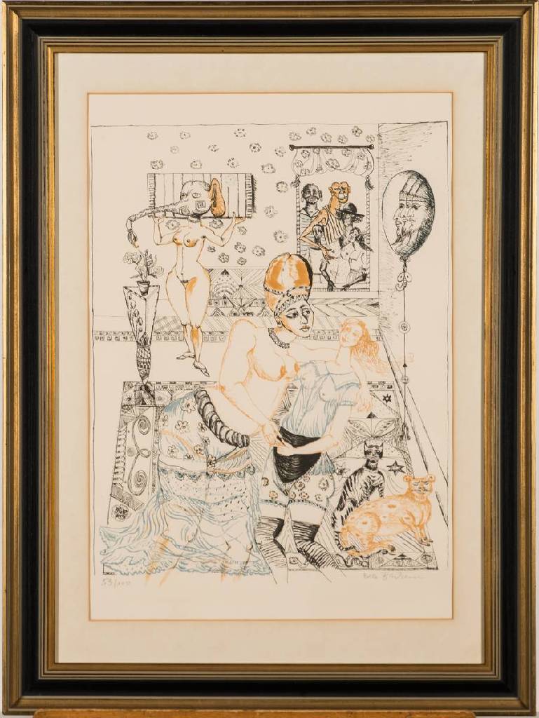 Bele Bachem, 1916-2005, Lust und Sinneslust im Harem, Farblithografie, sign., num. 53/100, Blattgr. 71x57 cm, unter Glas gerahmt