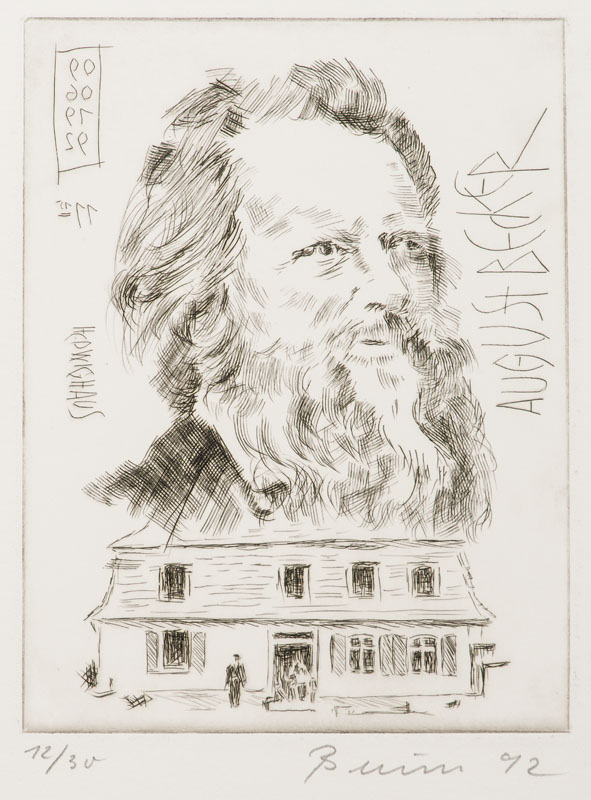 Edgar Blum, 1928 Pirmasens, Pfälzer Miniaturen, Mappe mit 6 Radierungen, je sign.,ua. Max Slevogt, Hugo Ball, August Becker, Hrsg.: Vereinigung ...