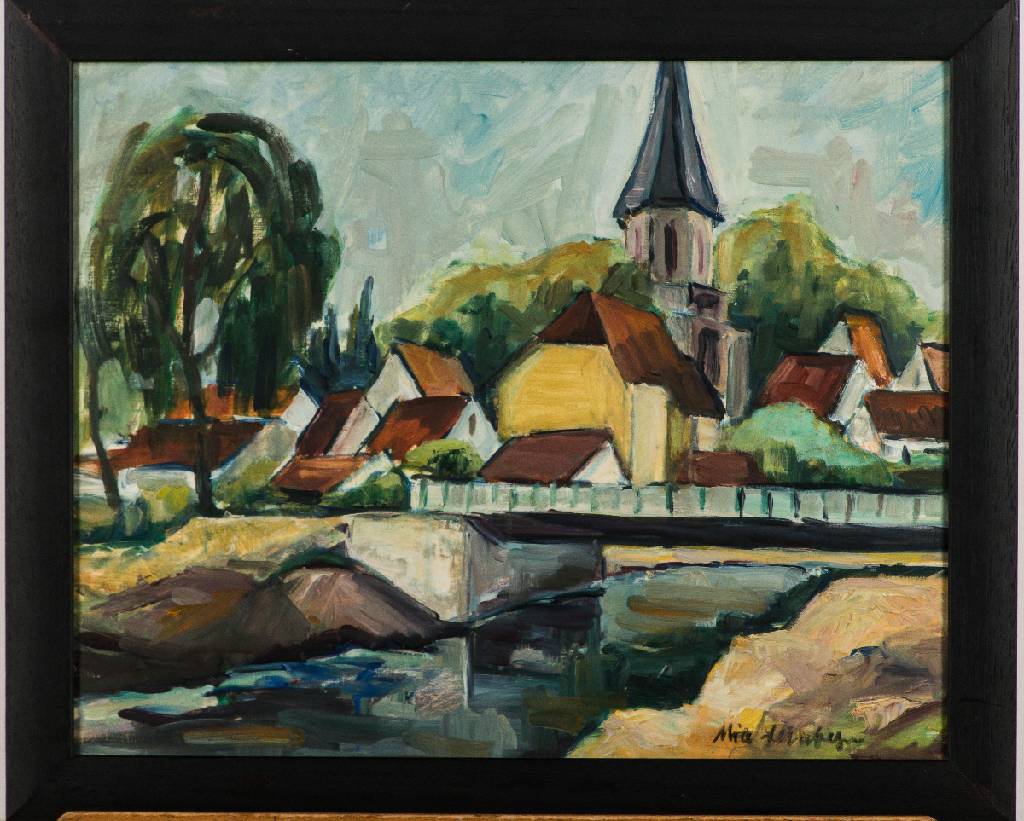 Mia Leinberger, 1917-2008 Karlsruhe, Dorfkulisse mit Bachlauf, Öl/Hartfaser, sign.,1970/80, 40x50 cm, unter Glas gerahmt