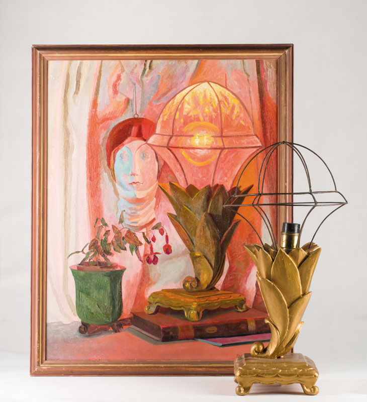 Franz Xaver Unterseher, 1888-1954, Stillleben mit Maske und Lampe, Acryl/Lwd, sign., dat. 1931, verso Nachlaßstempel, ca. 66x52 cm, Rahmen, dazu die ...