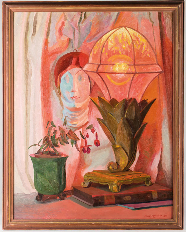 Detail a: Franz Xaver Unterseher, 1888-1954, Stillleben mit Maske und Lampe, Acryl/Lwd, sign., dat. 1931, verso Nachlaßstempel, ca. 66x52 cm, Rahmen, dazu die ...
