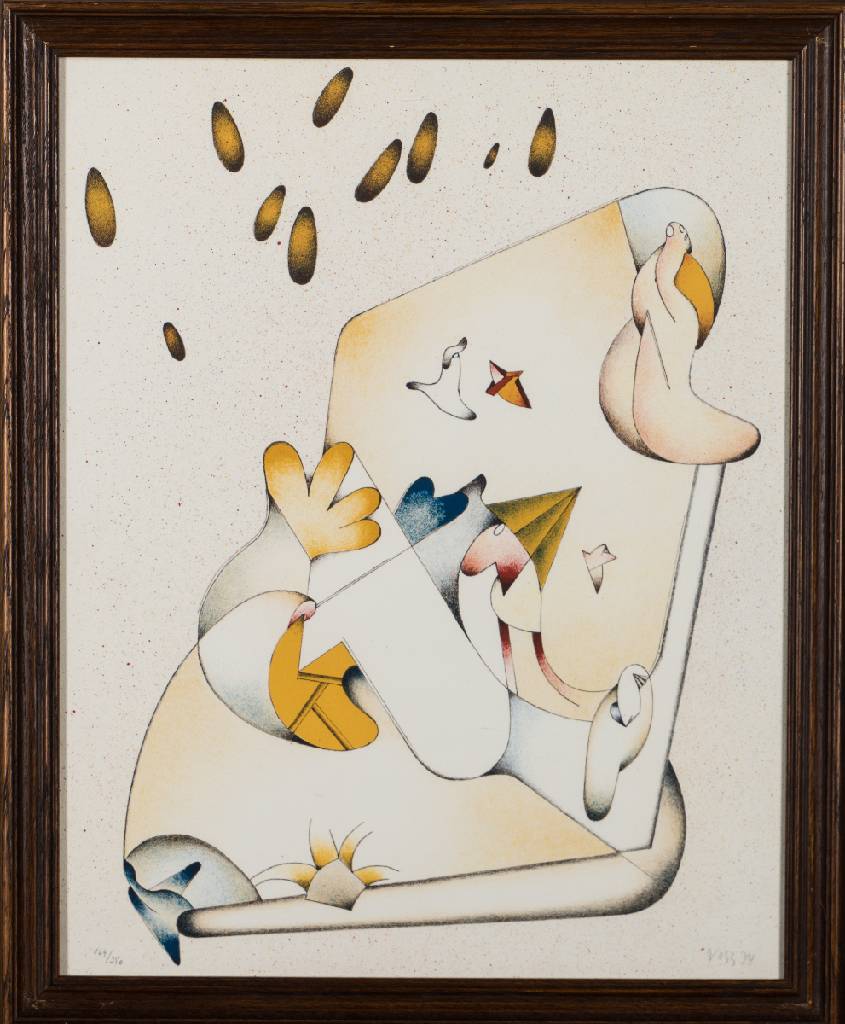 Jan Voss, geb. 1936 Hamburg, bunte Komposition, Lithographie, handsign., num. 164/250, dat. 74, ca. 50x40 cm, Rahmen
