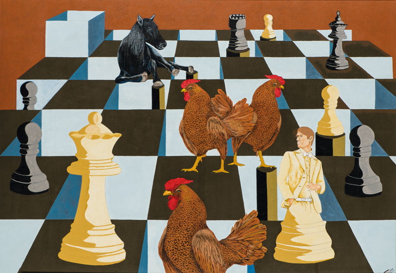 Dulli, zeitgenössischer Künstler, Schachbrett, Acryl/Lwd, sign., 70x100 cm, Rahmen