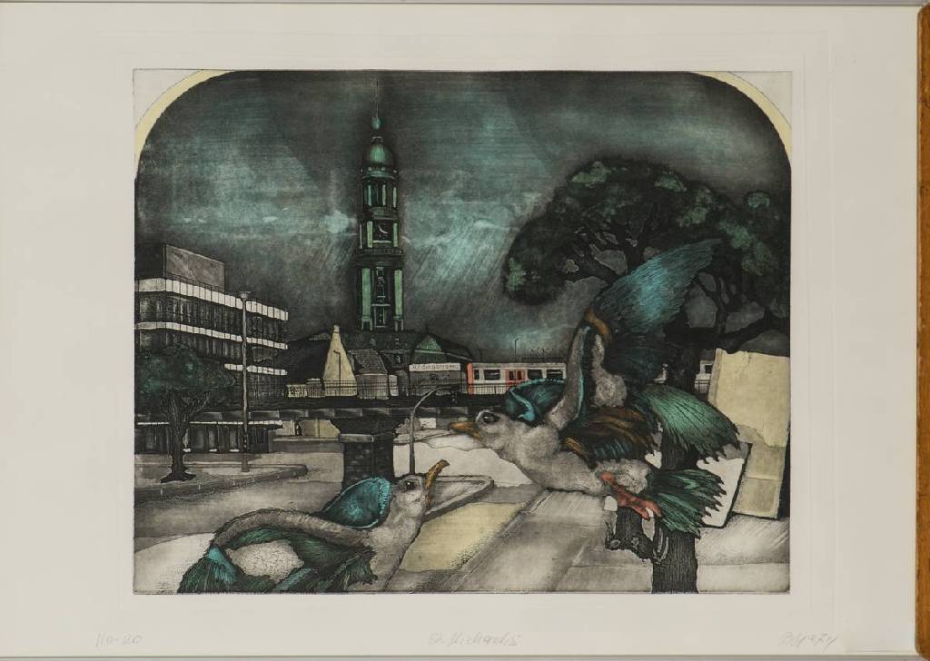 unbekannter Künstler, Lithografie, betitelt St. Michaelis, sign., dat. (19)79, ca. 42x51,5cm, unter Glas gerahmt, Provenienz: Verband Sparda Bank ...