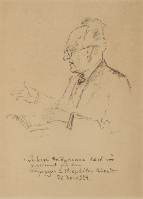 Emil Orlik, 1870-1932, Gerhart Hauptmann ließt vor, Lithografie, handsign., gezeichnet für den Leipziger Bibliophilen Abend 22. Nov. 1924, ca. ...