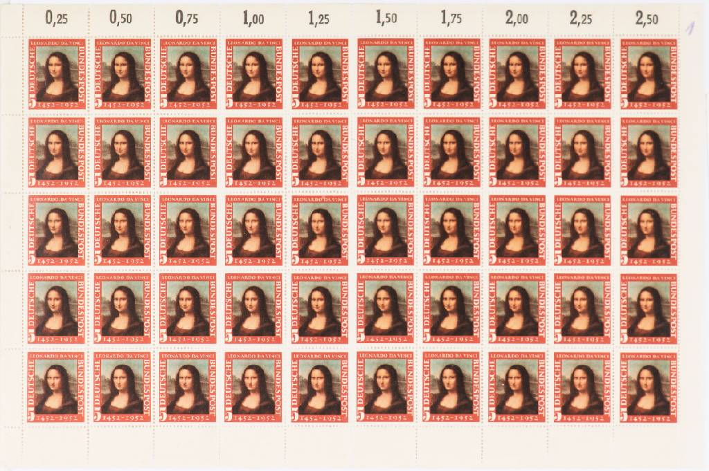 Nach Leonardo Da Vinci, Mona Lisa Briefmarken Set, 1952, anlässlich des 500sten Geburtstag Leonardo Da Vinci´s, Hrsg. DeutscheBundespost, Blatt mit ...