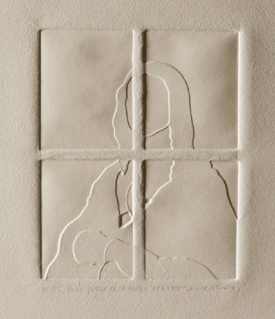 Arno Waldschmidt, geb. 1936, Blick durch Leonardo´s Fenster, Prägedruck auf Velin, sign., dat. 1965, num. 15/25, Blattgr. 39,5x27 cm, Provenienz: ...