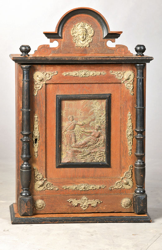 Wandschränkchen, Gründerzeit, deutsch, um 1880/90, 1-türig, Messingblechapplikationen, st. Alterssp., ca. 60x47x24 cm