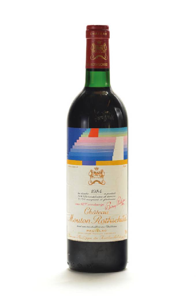 1 Flasche 1984 Chateau Mouton Rothschild, Pauillac, Premier Cru Classe, Künstleretikett: Agam, ca. 75 cl, Füllstand. ca. top shoulder, unverkostet, ...