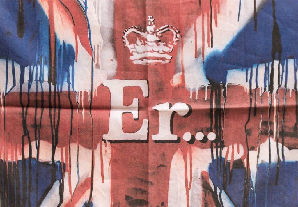 Banksy, geb. 1974 Bristol, Er...(Jubilee Teatowel), Tuch, 2012, auf dem Etikett num. 291/1000, ca. 41x61 cm