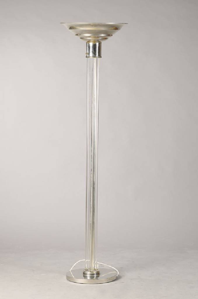 Stehlampe/Deckenfluter, Art Deco, wohl deutsch, 1930er Jahre, Metall vernickelt, mit drei eingesetzten, transparenten Glasstangen, intakt, ältere ...