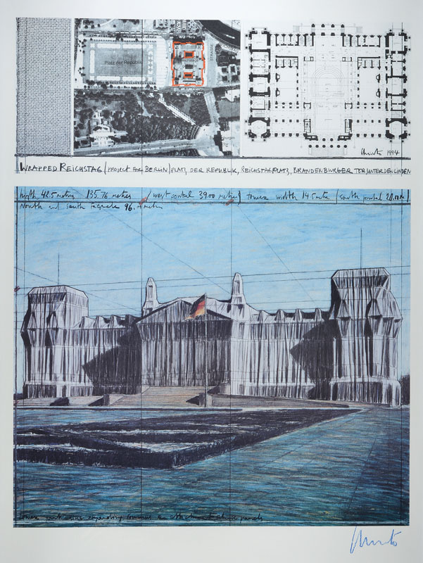 Christo und Jeanne-Claude, Wrapped Reichstag, Farboffset, handsigniert, ca. 100x70cm, unter Glas gerahmt
