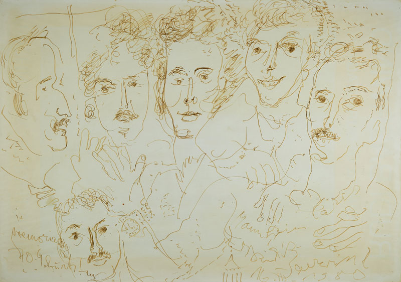 Rudi Baerwind, 1910-1982 Mannheim, Konvolut aus 3 Arbeiten: Filzstiftzeichnung: Porträts seiner Freunde, sign., dat. 1980, ca. 58x83cm,Holzschnitt: ...