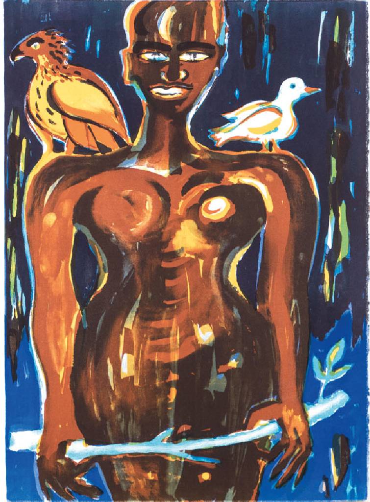 Elvira Bach, geb. 1951, Weiblicher Akt mit Adler und Eule, Farbserigraphie, dat. 1994, sign., num. 52/120, Blattgr. 75/55