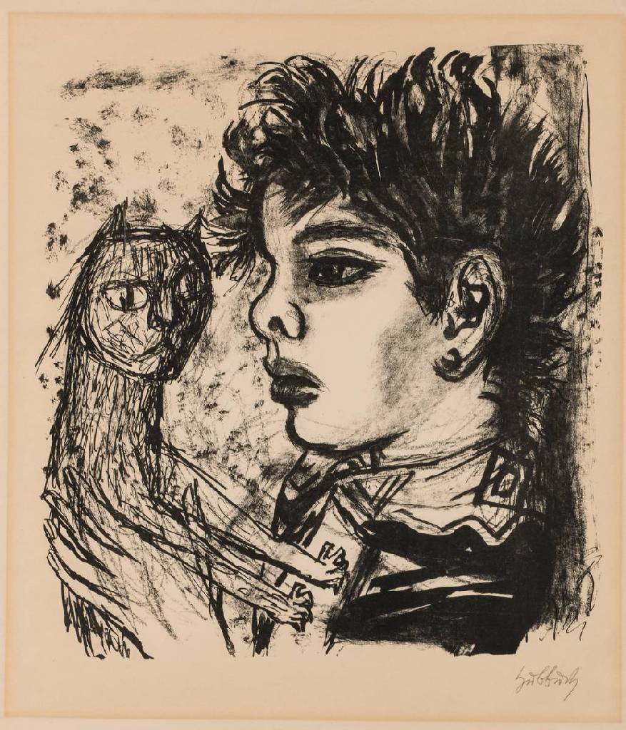 Karl Hubbuch, 1891-1979, Jüngling mit Katze, Lithografie, sign., Blattgr. 60x50 cm, gelblicher Rand