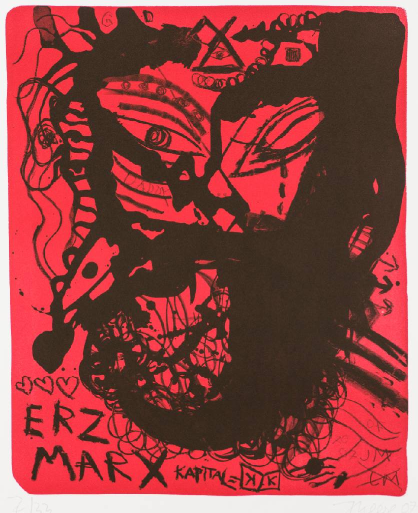 Jonathan Meese, geb. 1970, Karl Marx, Farblithografie auf Büttenpapier, handsign., num. 7/33, dat. 07, Blattgr. 75x55 cm