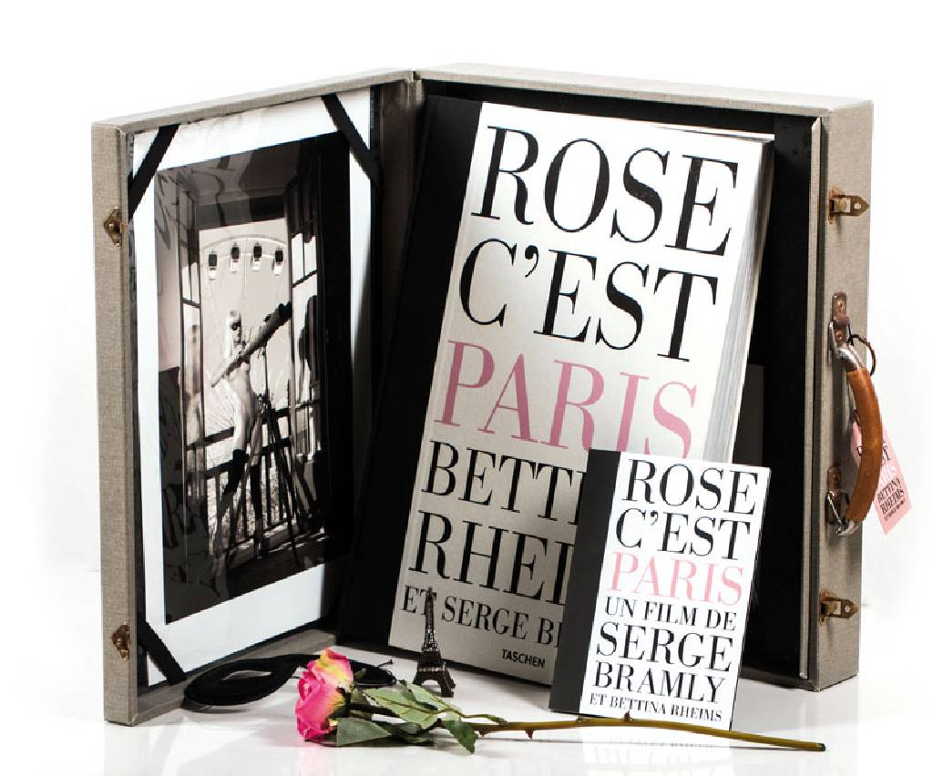 Bettina Rheims & Serge Bramly, Rose, c'est Paris, nostalgischer Koffer beinhaltet eine Rose, eine Maske, eine Statuette des Eiffelturms, ein ...